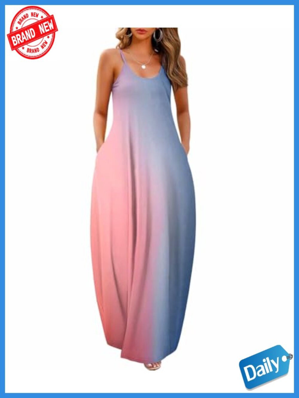 Womens Maxi Dress with Pockets Adjustable Spaghetti Strap Loose Fit Plus Size